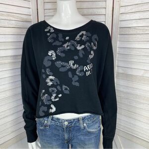 Aeropostale Cropped Cut Off Wide Fit Sweatshirt Black Large‎ Rhinestone Cheetah